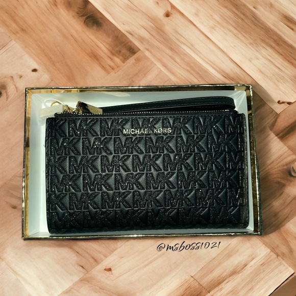 MICHAEL KORS Glitter Logo Leather Double Zip Wallet Wristlet in
